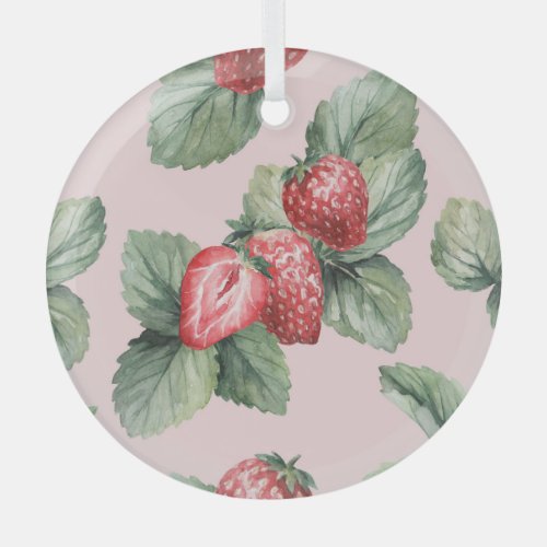 Summer Ripe Strawberries Watercolor Pink Glass Ornament