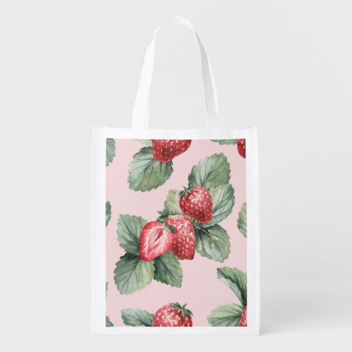 Summer Ripe Strawberries Watercolor Pink Grocery Bag