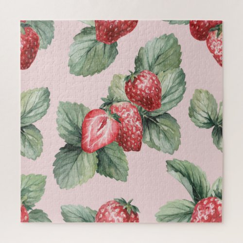 Summer Ripe Strawberries Watercolor Pink Jigsaw Puzzle
