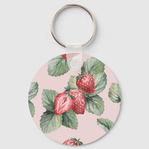 Summer Ripe Strawberries Watercolor Pink Keychain