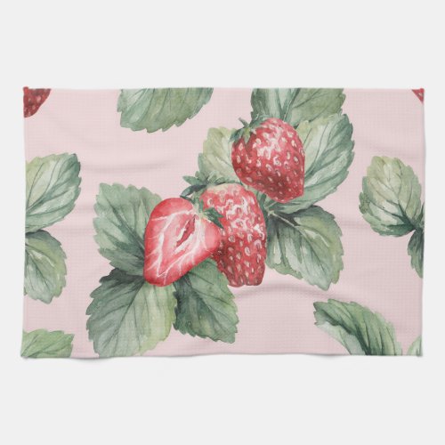 Summer Ripe Strawberries Watercolor Pink Kitchen Towel