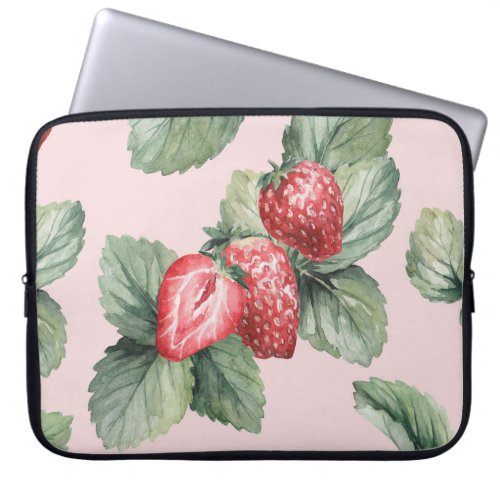 Summer Ripe Strawberries Watercolor Pink Laptop Sleeve