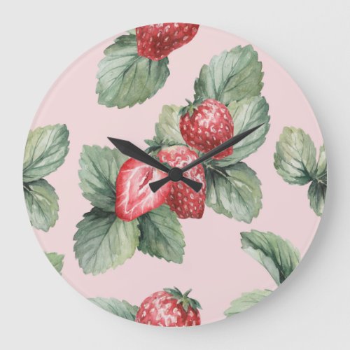 Summer Ripe Strawberries Watercolor Pink Large Clock