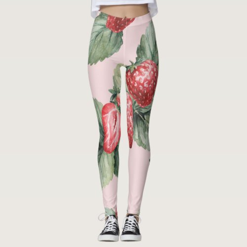 Summer Ripe Strawberries Watercolor Pink Leggings