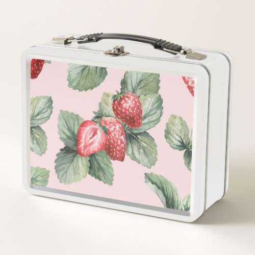 Summer Ripe Strawberries Watercolor Pink Metal Lunch Box