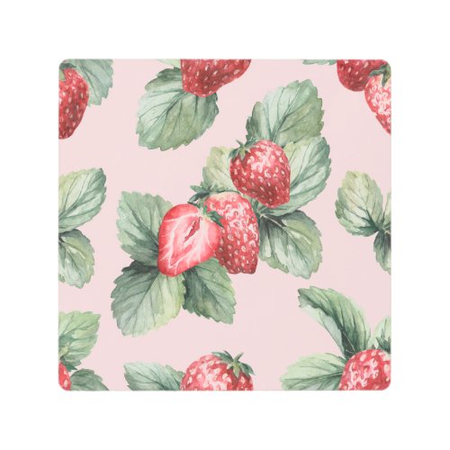 Summer Ripe Strawberries Watercolor Pink Metal Print
