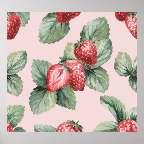 Summer Ripe Strawberries Watercolor Pink Poster