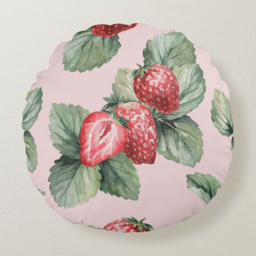 Summer Ripe Strawberries Watercolor Pink Round Pillow