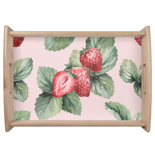 Summer Ripe Strawberries Watercolor Pink Serving Tray