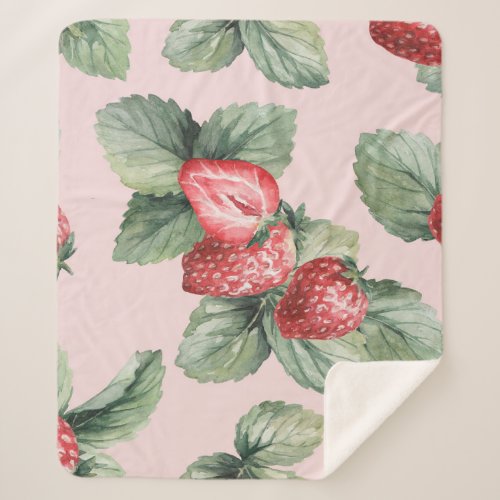 Summer Ripe Strawberries Watercolor Pink Sherpa Blanket