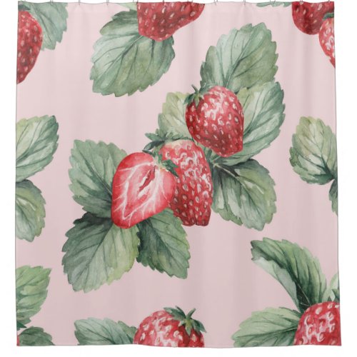 Summer Ripe Strawberries Watercolor Pink Shower Curtain