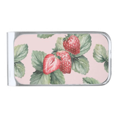Summer Ripe Strawberries Watercolor Pink Silver Finish Money Clip