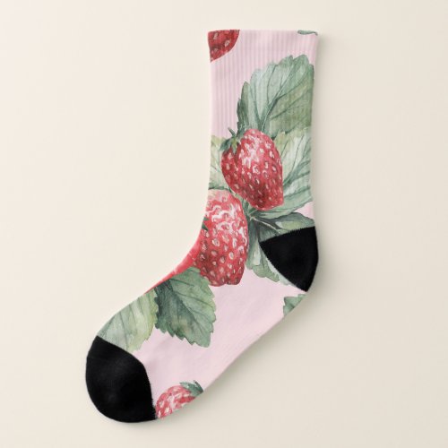 Summer Ripe Strawberries Watercolor Pink Socks