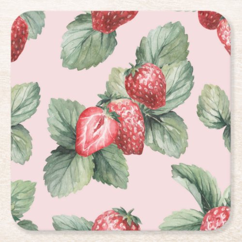 Summer Ripe Strawberries Watercolor Pink Square Paper Coaster