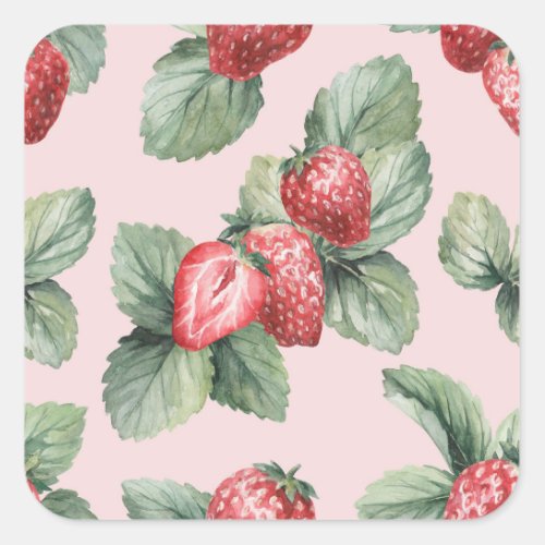 Summer Ripe Strawberries Watercolor Pink Square Sticker