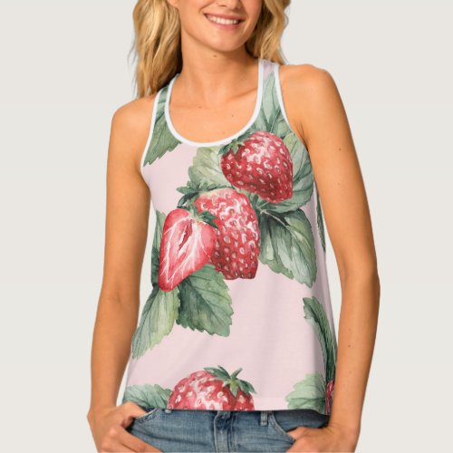 Summer Ripe Strawberries Watercolor Pink Tank Top