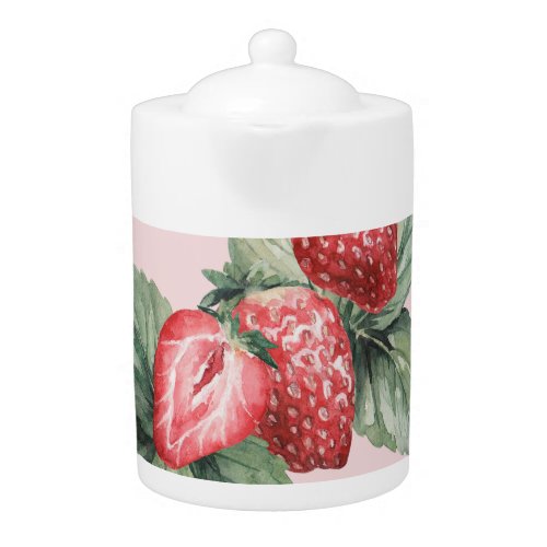 Summer Ripe Strawberries Watercolor Pink Teapot