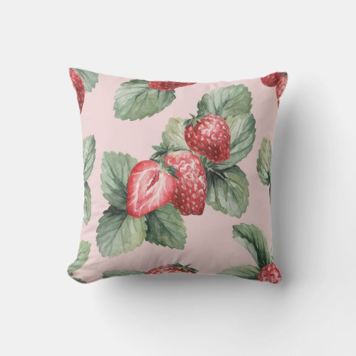 Summer Ripe Strawberries Watercolor Pink Throw Pillow