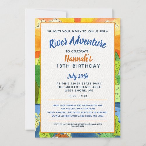 Summer River Adventure Teen Birthday Party Invitation