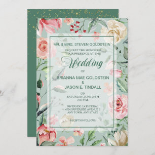 Summer Rose Border Mint Green Wedding Invitation