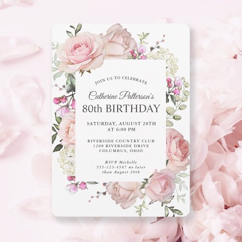 Summer Rose Garden Floral 80th Birthday Party Invitation