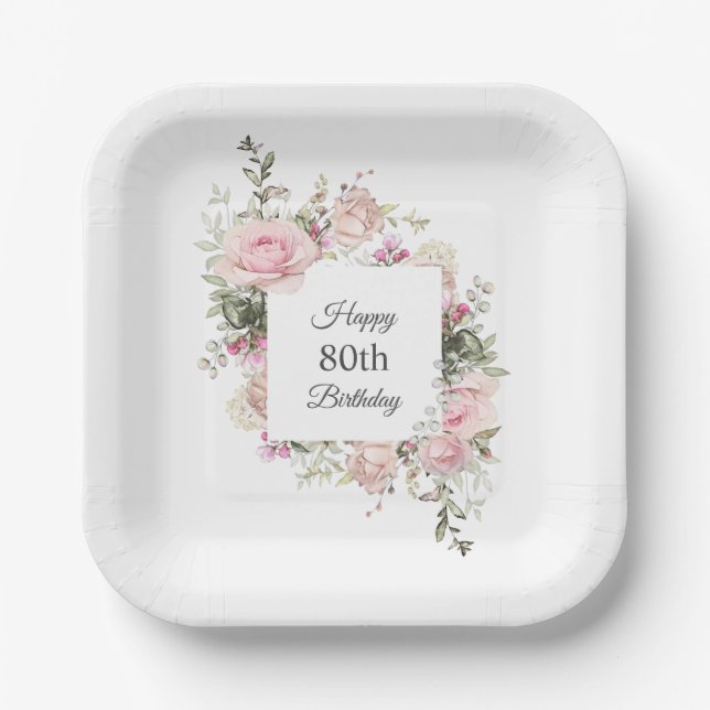 Summer Rose Garden Floral Birthday with Age Paper Plates (Front)