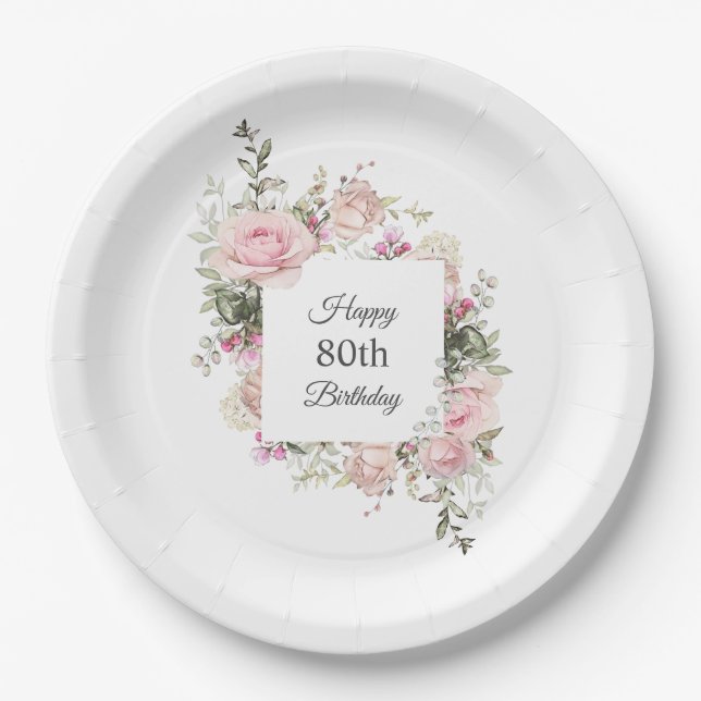 Summer Rose Garden Floral Birthday with Age Paper Plates (Front)
