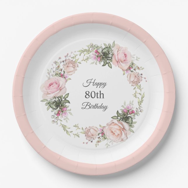 Summer Rose Garden Floral Birthday with Age Paper Plates (Front)