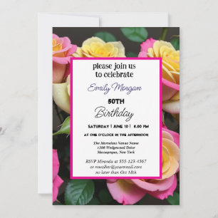 Summer Rose Garden Pink Floral 50th Birthday Invitation