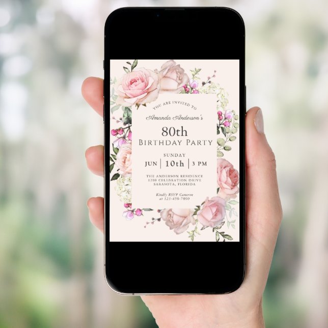 Summer Rose Garden Pink Floral 80th Birthday Party Invitation (Front Digital)