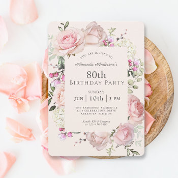 Summer Rose Garden Pink Floral 80th Birthday Party Invitation by Oasis_Landing at Zazzle