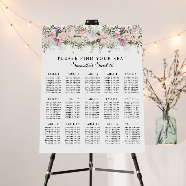 Summer Rose Garden Pink Floral Seating Chart Foam Board (In Situ (Stand))