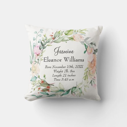 Summer Rose Garland Personalized Baby Birth Stats  Throw Pillow