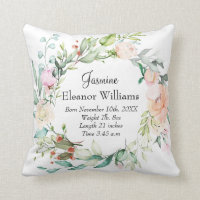 Summer Rose Garland Personalized Baby Birth Stats  Throw Pillow