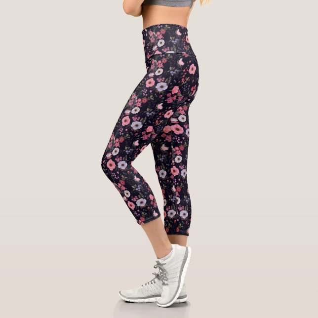 Summer Rose Pattern On Black Capri Leggings (Left)