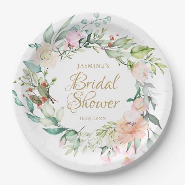 Summer Rose Watercolour Gold Script Bridal Shower Paper Plates (Front)