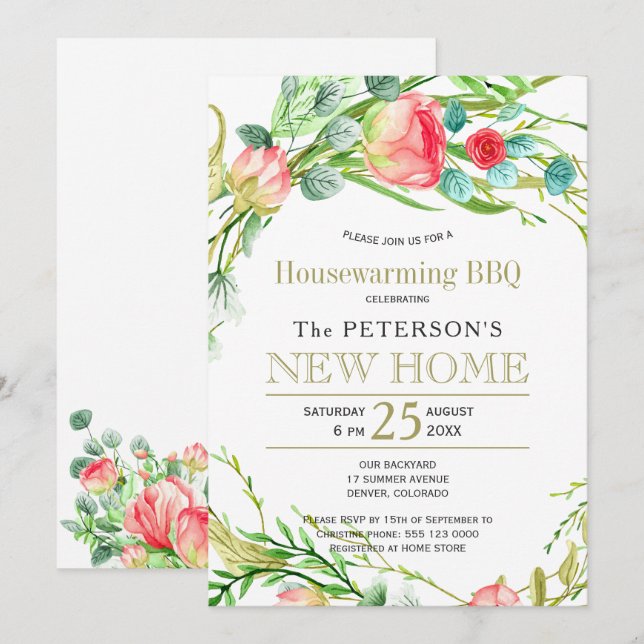 Summer roses garden elegant chic new home bbq invitation (Front/Back)