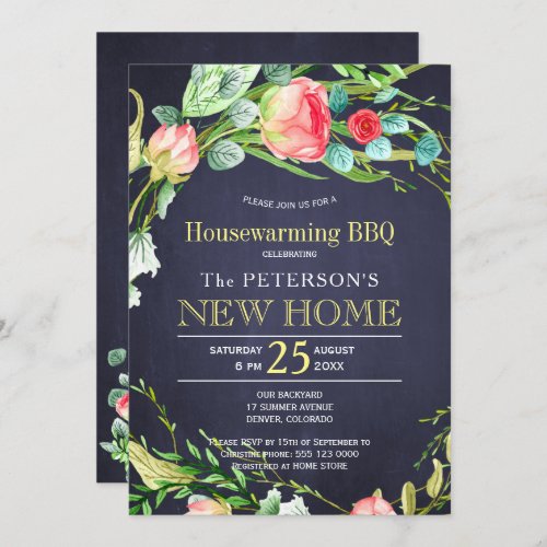 Summer roses garden elegant navy new home bbq invitation