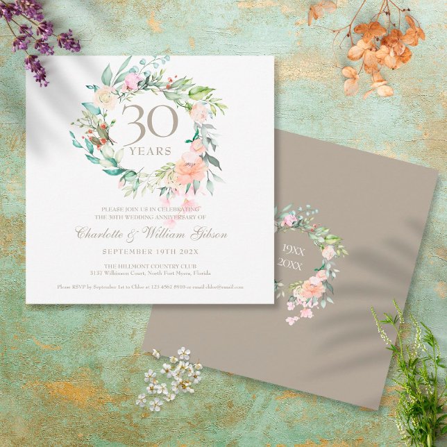 Summer Roses Garland 30th Wedding Anniversary Invitation (Creator Uploaded)