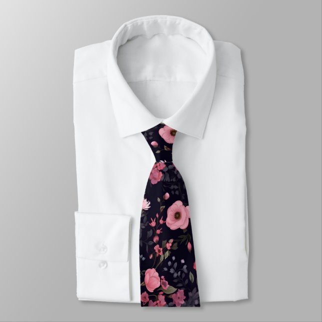 Summer Roses On Black Neck Tie (Tied)