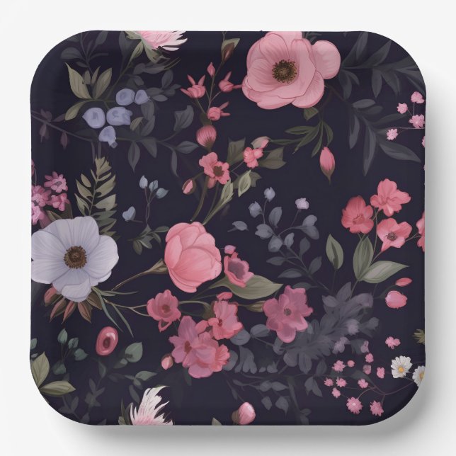 Summer Roses On Black Paper Plates (Front)