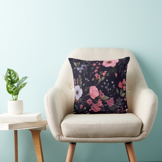 Summer Roses On Black Throw Pillow (Chair)
