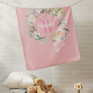 Summer Roses Pink Baby Girl Initial Monogram Blanket