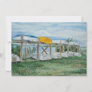Invitation printed with a watercolor painting of Rowboats on the shore