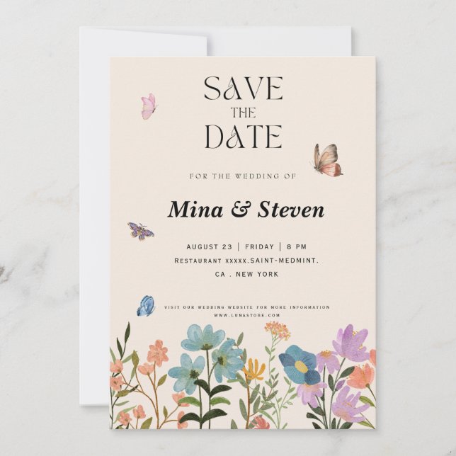 Summer rustic botanical wildflowers wedding save the date (Front)
