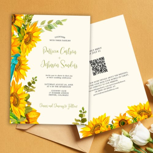 Summer rustic chic wedding all in one QR to RSVP Invitation