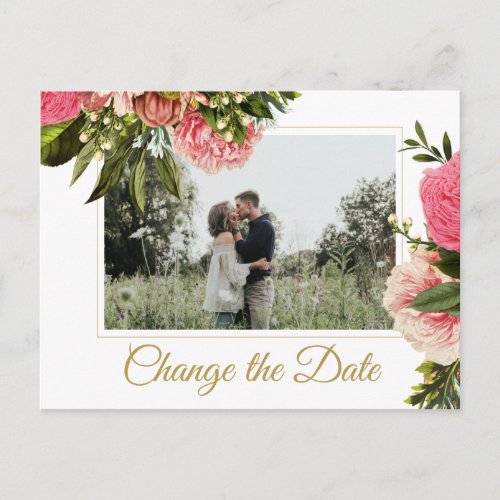 Summer rustic floral wedding change the date announcement postcard