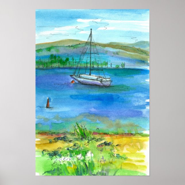 Summer Sailing Mountain Lake Watercolor Poster (Front)