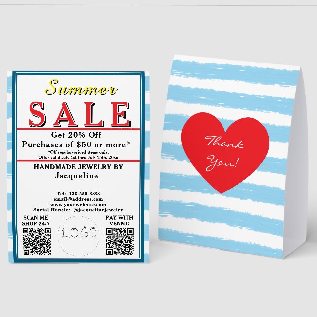 Summer Sale Blue Stripes BACKSIDE Heart Paper Table Tent (Front/Back)