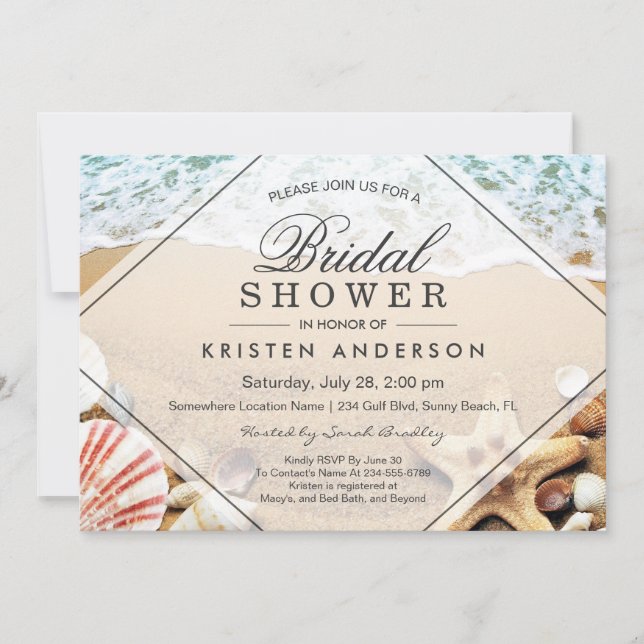 Summer Sandy Beach Starfish Seashell Bridal Shower Invitation (Front)